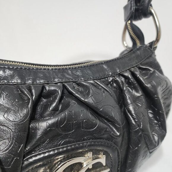Guess Y2K Black Vegan Leather GGG Logo Embossed Mini Shoulder Hobo Bag Purse VTG - Picture 13 of 16